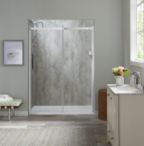 A modern shower system with glass door